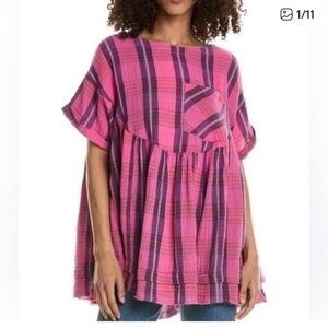 Free People Women's Pink Moon City Plaid Top XS‎